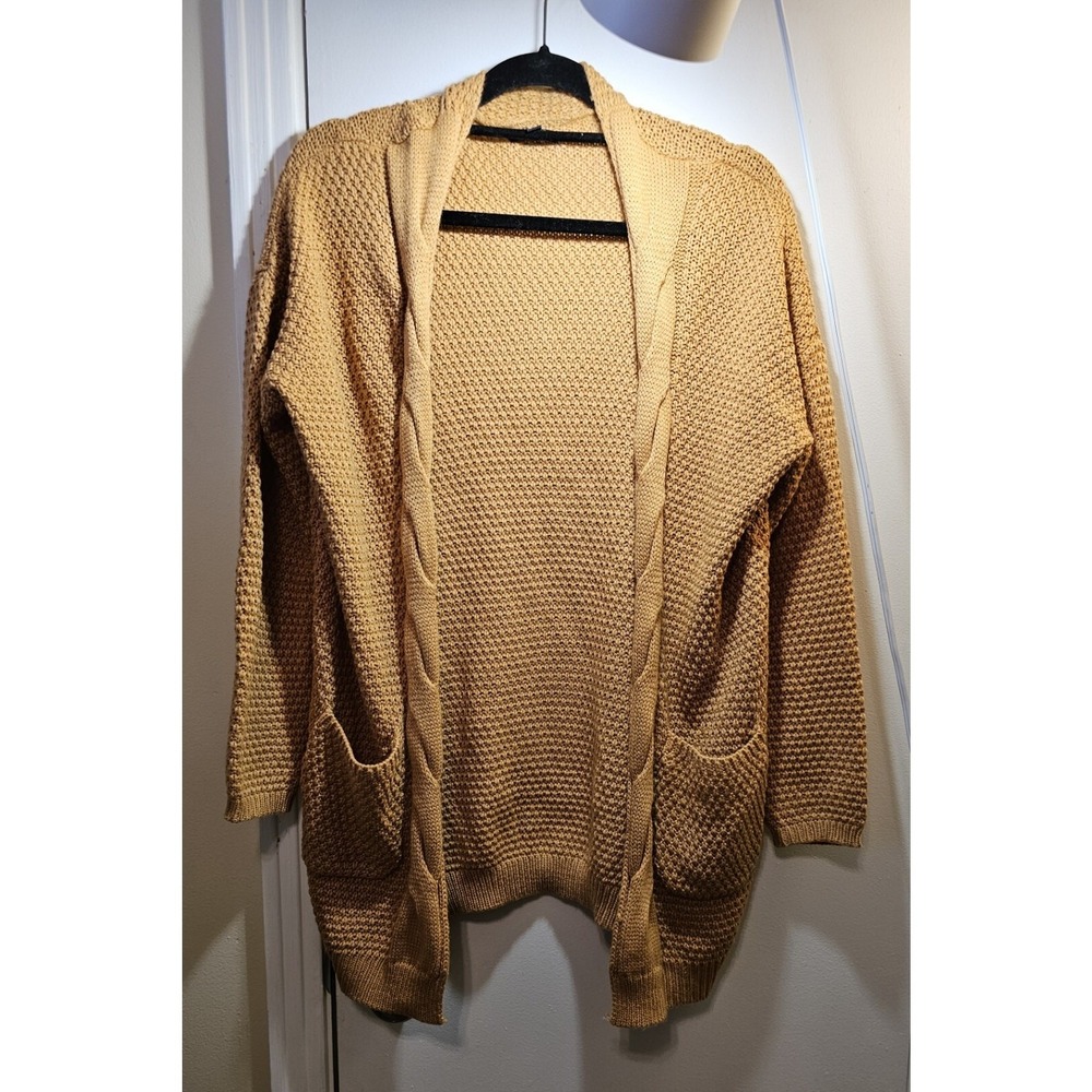 Traleubie Women's Sm. Open Front Cardigan SWEATER-Mustard YELLOW-Cable Detail